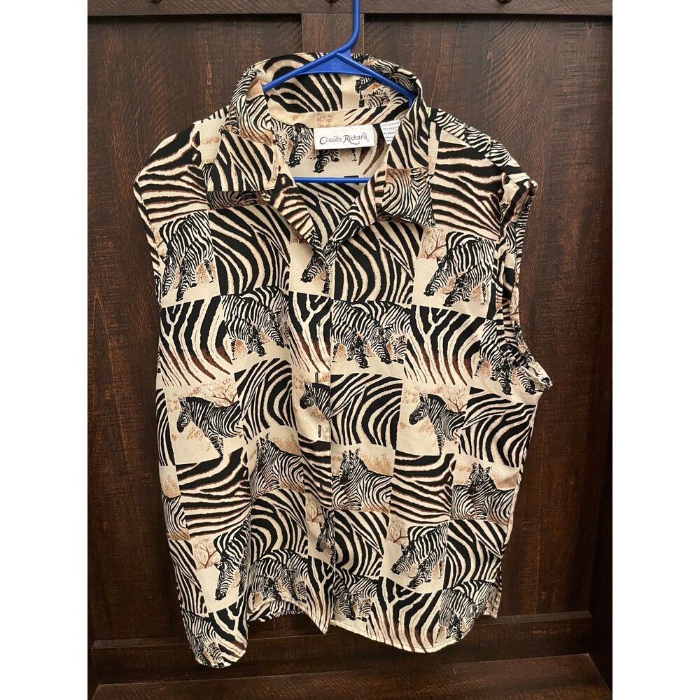 Claudia Richard Zebra Print Blouse Size 18 Safari Animal Print Button Up Shirt